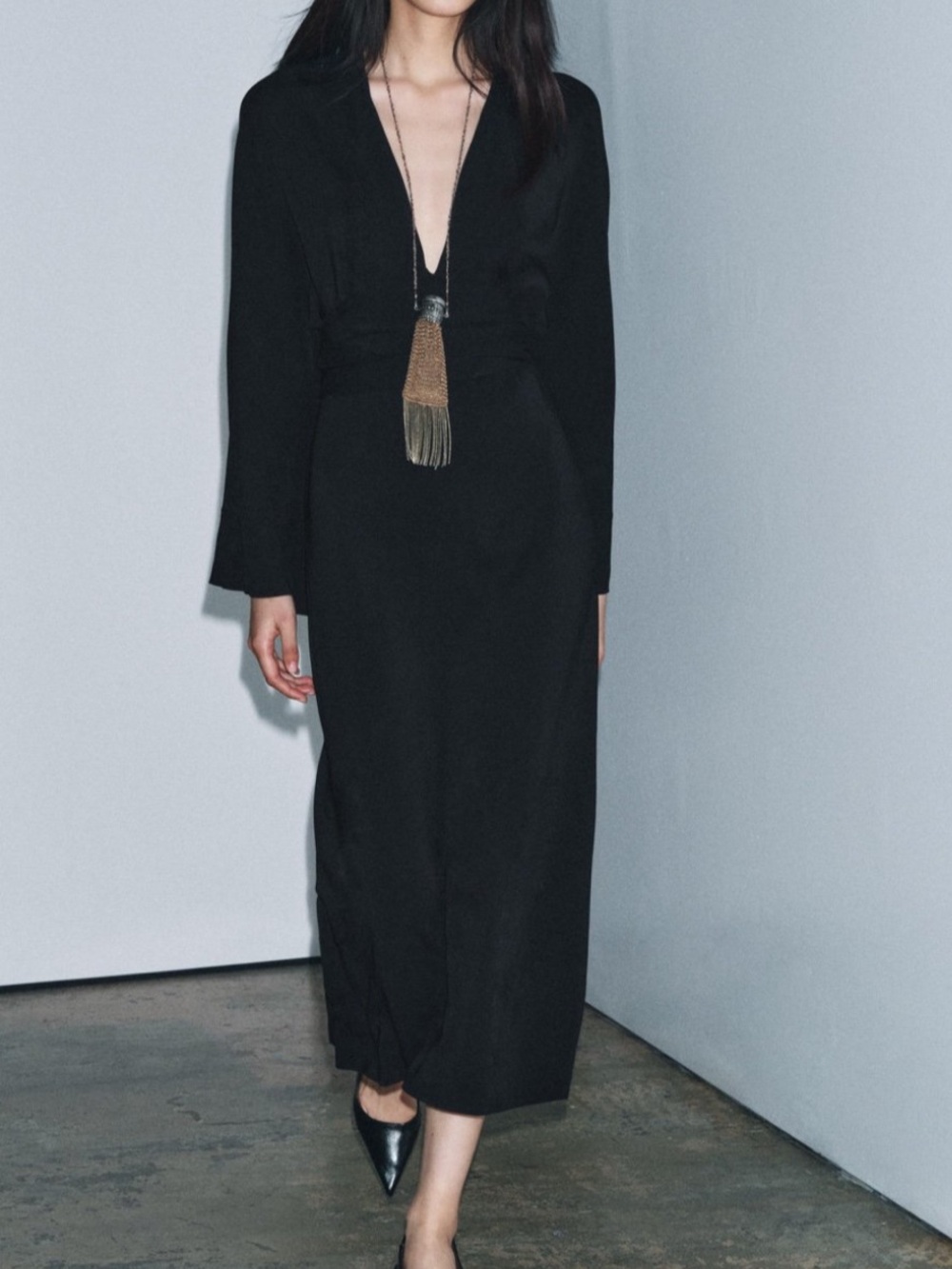 Zara Collection Elegant Black Sleeve V-Neck Midi  Dress NWT